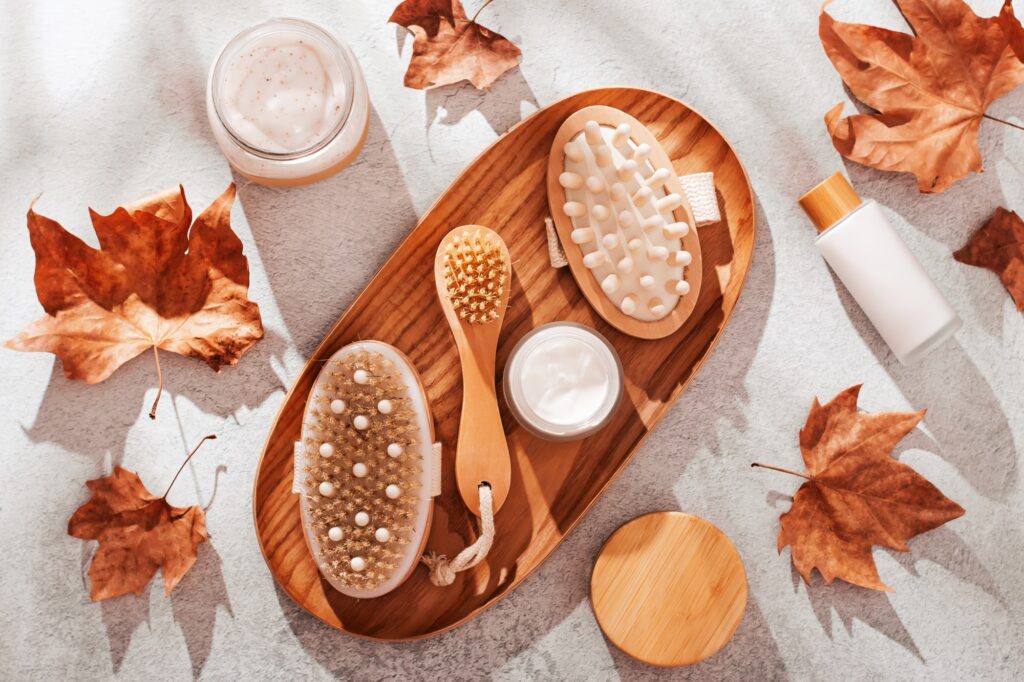 Autumn beauty care cosmetics and accessories plastic free flat lay